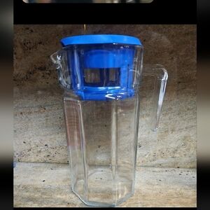 Pasabahce Turkey Glass Pitcher 9" Octagon Carafe Blue Lid 40 oz Refrigerator Jug